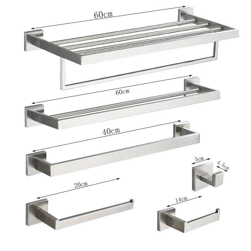 Juego de accesorios de baño de níquel cepillado, toallero de acero inoxidable 304 de 60cm/45cm, gancho para colgar barra de toalla de 40cm, soporte de papel