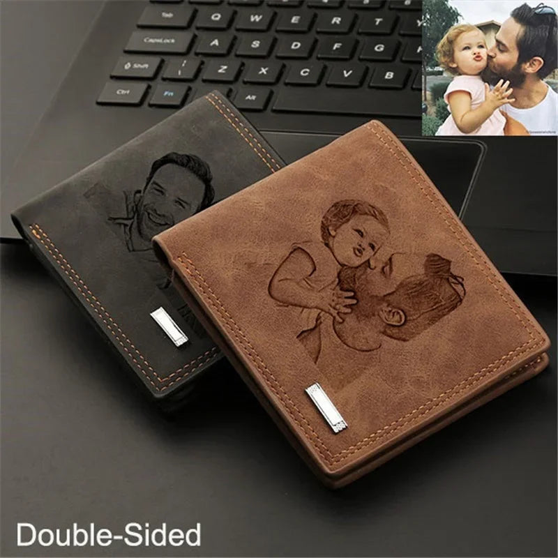 CEXIKA Cartera de regalo personalizada con imagen de Navidad y texto para el día del padre, foto grabada para hombre, regalo personalizado de aniversario de Navidad para él 