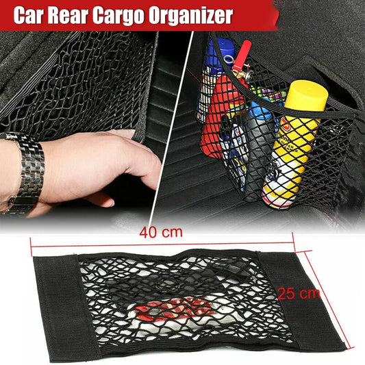 Organizador de malla para maletero de coche, red de almacenamiento trasera para asiento, bolsillo trasero, bolsa Universal para maletero, cinta mágica automática, accesorios interiores de red 