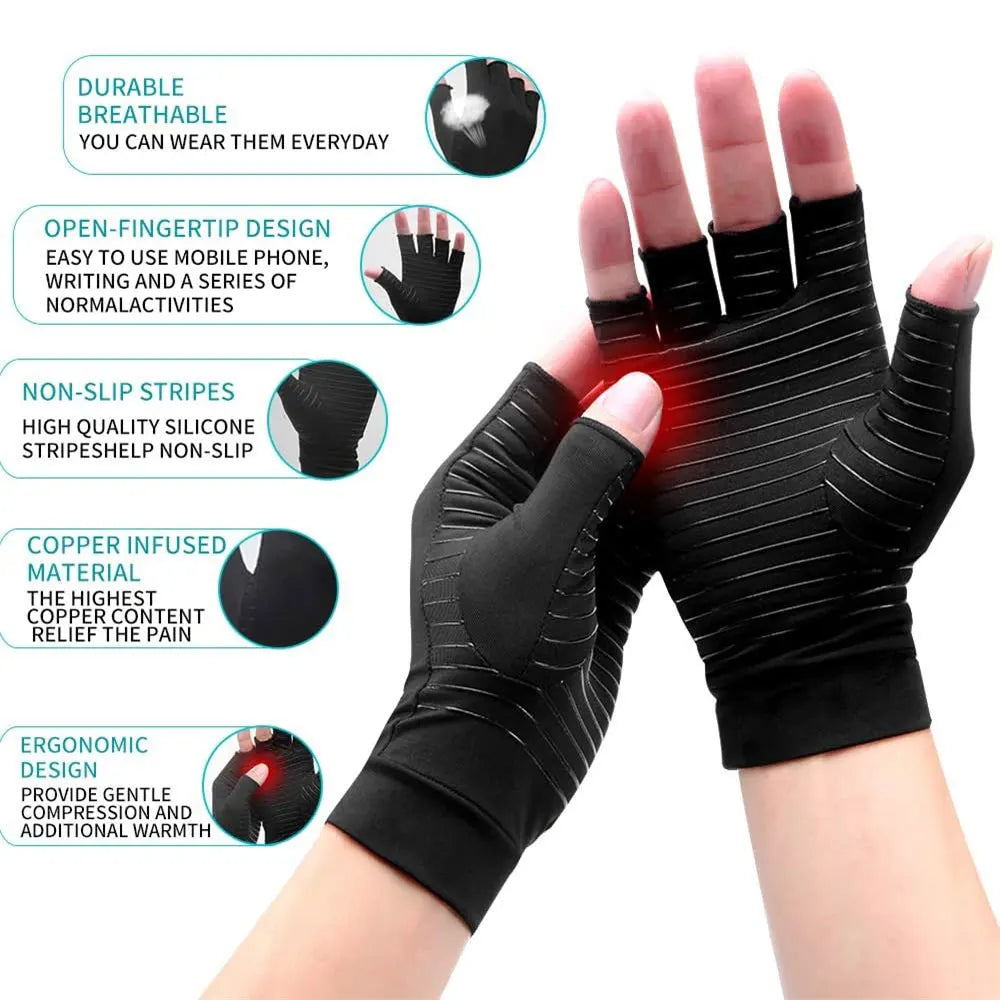 Guantes de compresión de cobre para artritis, los mejores guantes sin dedos con infusión de cobre, curación para la artritis, alivio del dolor y dolores del túnel carpiano 