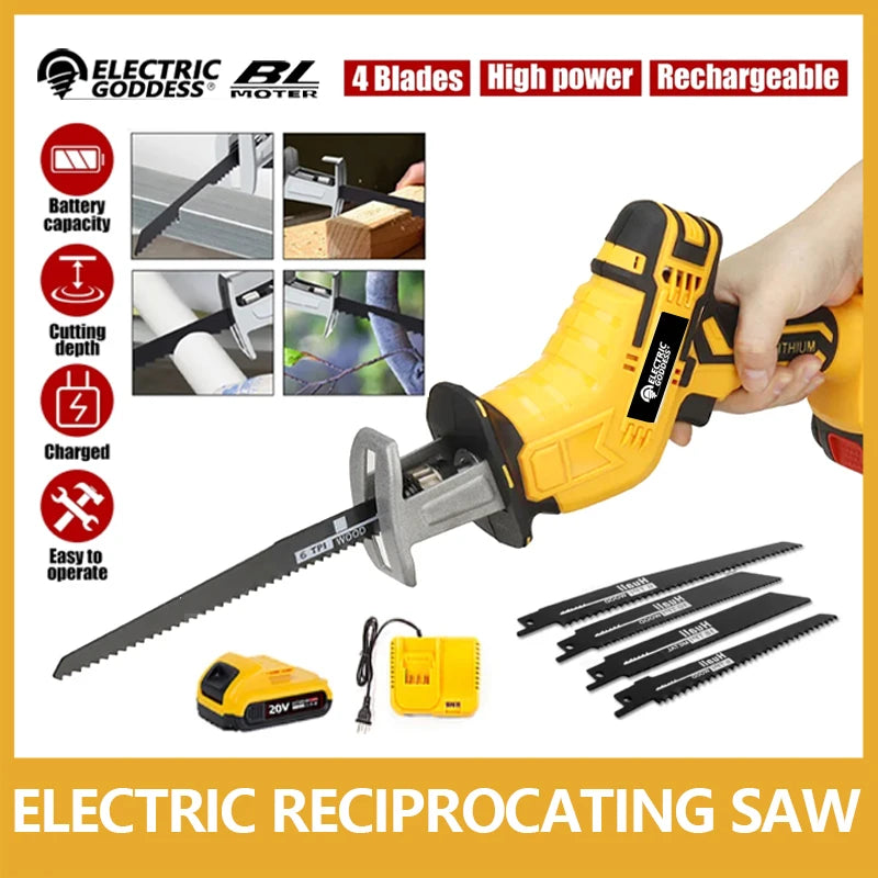 Cordless Power Tools Reciprocating Saw Band 4 Saw Blades Multi-Functional Metal Garden Tree Cutting Saw with Dewalt 20V Battery