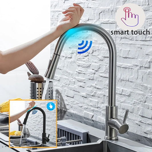 DQOK Kitchen Faucet Pull Out Brushed Nickle Sensor Stainless Steel Black Smart Induction Mixed Tap Touch Control Sink Tap