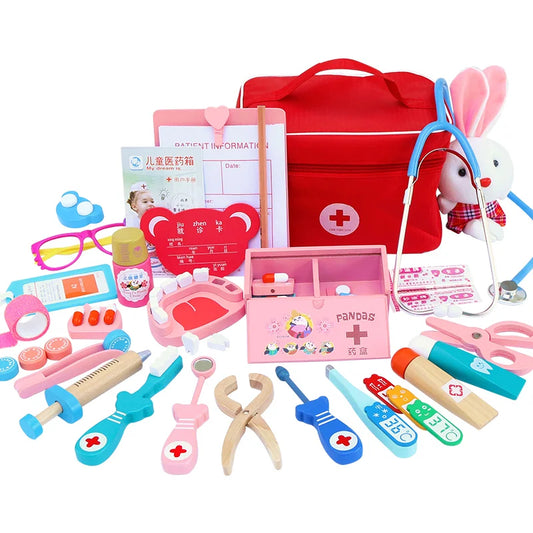 Juego de juguetes médicos para niños, juego de simulación de madera para niños y niñas, caja de medicina roja para dentista, bolsas de tela 