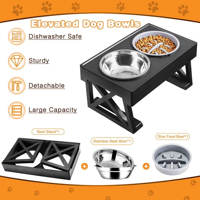 Cuencos elevados dobles para perros, soporte de 3 altura ajustable, plato de alimentación lenta para mascotas, mesa de comederos de agua elevados para perros medianos y grandes 