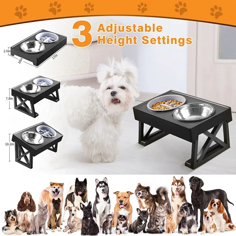 Cuencos elevados dobles para perros, soporte de 3 altura ajustable, plato de alimentación lenta para mascotas, mesa de comederos de agua elevados para perros medianos y grandes 