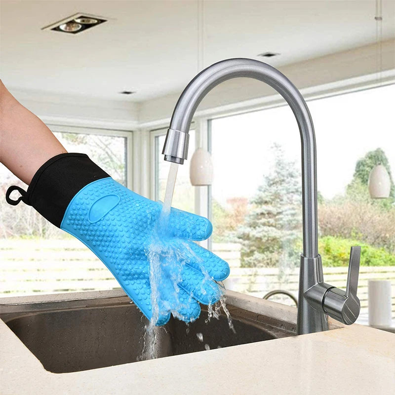 Guantes para horno de doble capa, guantes para hornear resistentes al calor con guantes de cocina de silicona y algodón, manoplas flexibles para horno para microondas 