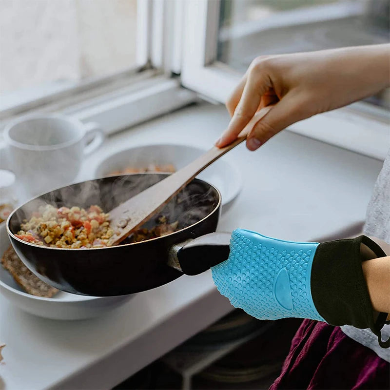 Guantes para horno de doble capa, guantes para hornear resistentes al calor con guantes de cocina de silicona y algodón, manoplas flexibles para horno para microondas 