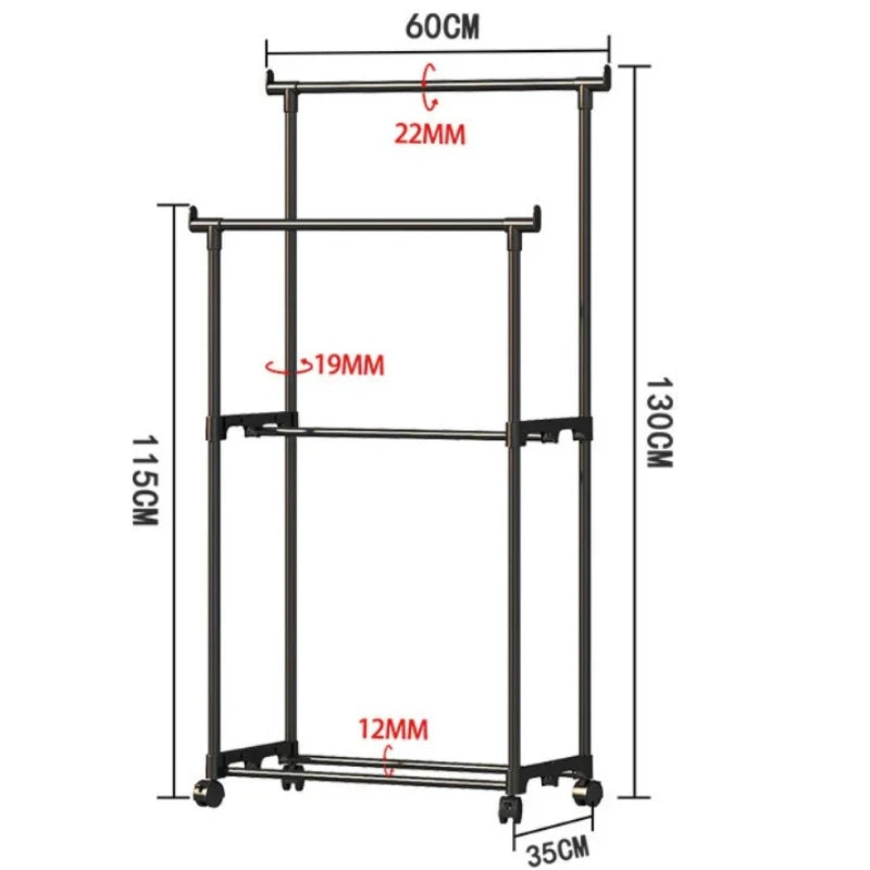 Perchero de doble varilla para ropa con ruedas, estante para ropa de suelo, soporte para zapatos, sombreros, abrigos, estante de almacenamiento, colgador portátil, organizador para sala de estar 