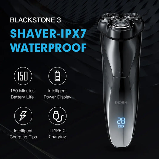 ENCHEN 电动剃须刀 3D Blackstone 3 IPX7 防水剃须刀干湿两用面部胡须电池数字显示男士