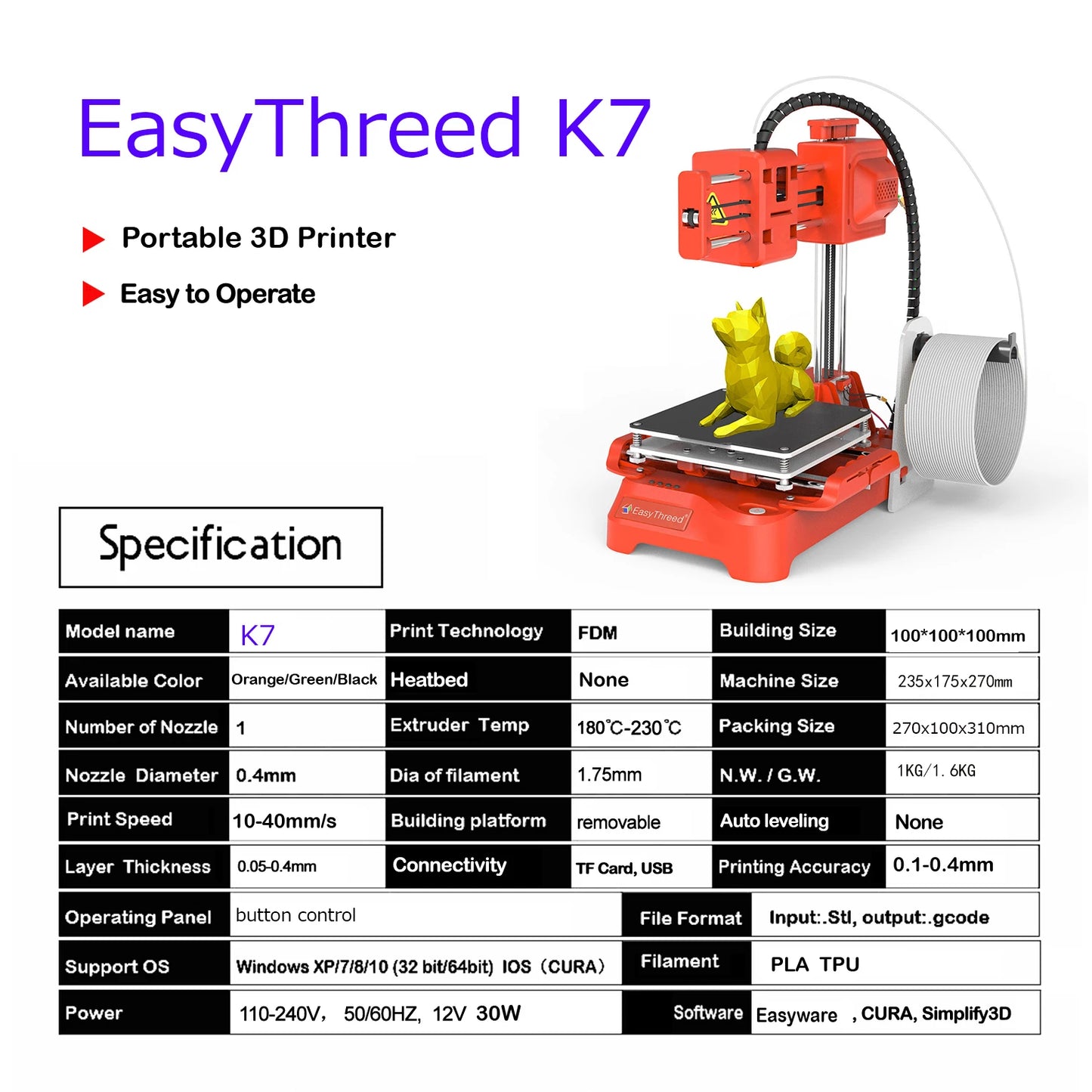 EasyThreed 3D Printer K7 Entry Level Small Size Low Noise Beginners Easy to Use PLA TPU .75mm Filament