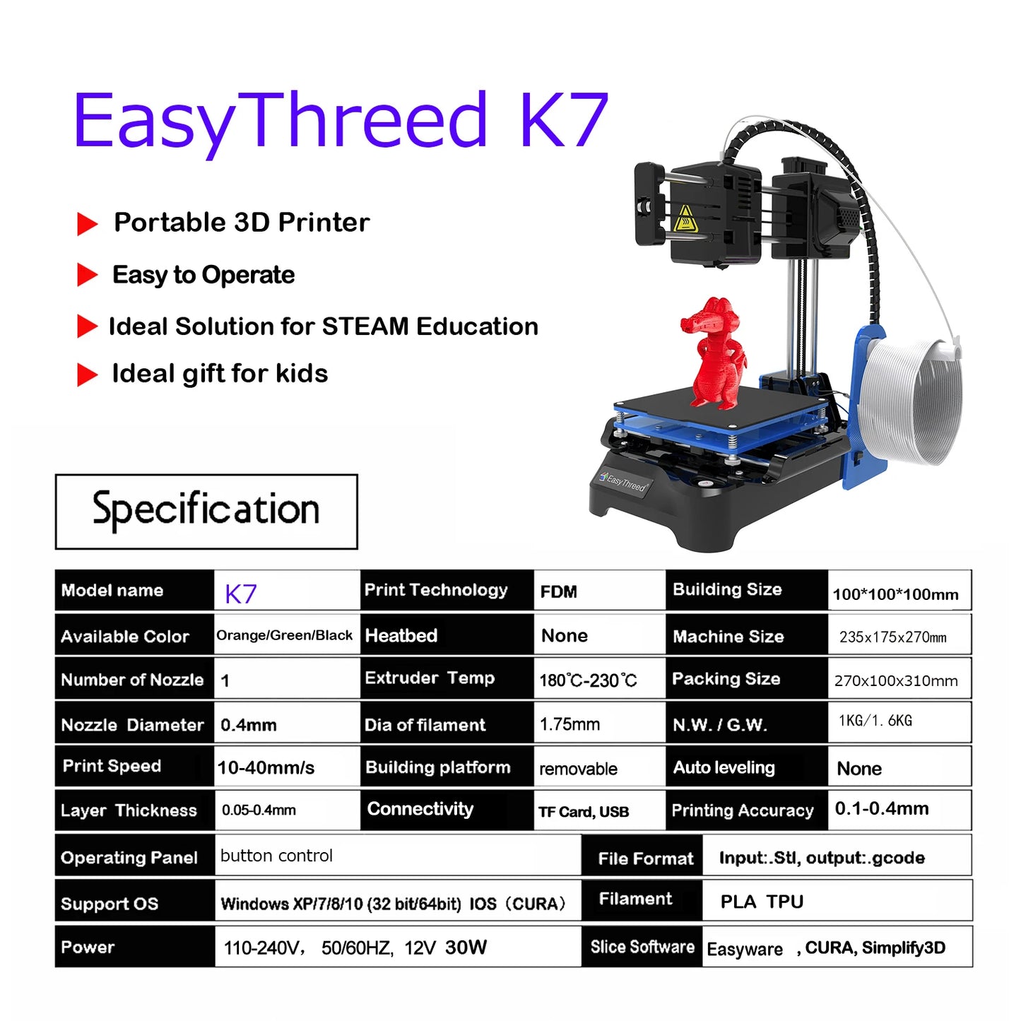 EasyThreed K7 迷你 3D 打印机 易于使用 入门级玩具礼品 3D 打印机 FDM TPU PLA 细丝 1.75 毫米 黑色