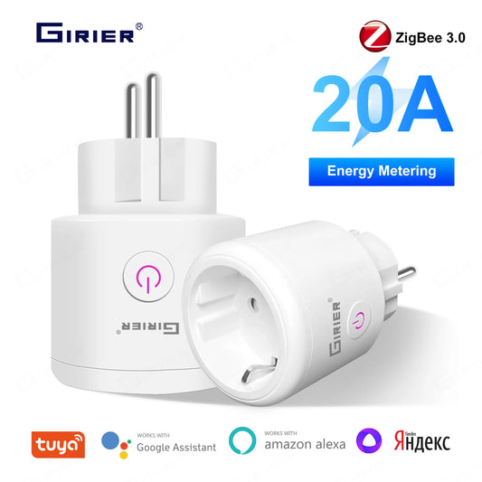 GIRIER Tuya ZigBee enchufe inteligente 20A toma de corriente para hogar inteligente UE 4200W con función de Monitor de potencia compatible con Alexa Alice Hey Google