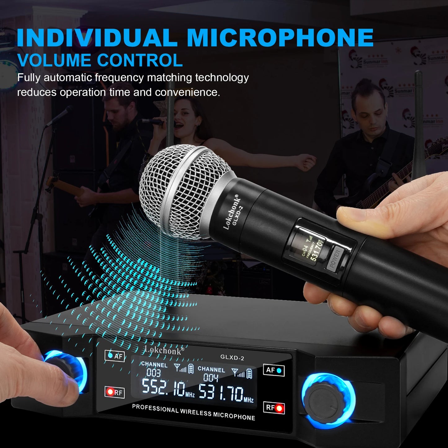 GLXD2 sistema con micrófono inalámbrico profesional, doble canal, UHF, frecuencia fija, micrófono dinámico de mano inalámbrico para fiesta de Karaoke 