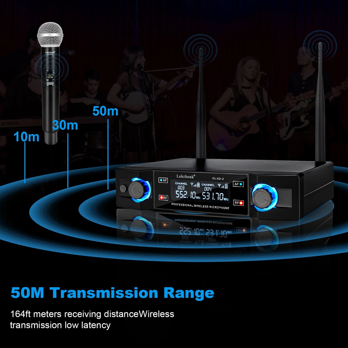 GLXD2 sistema con micrófono inalámbrico profesional, doble canal, UHF, frecuencia fija, micrófono dinámico de mano inalámbrico para fiesta de Karaoke 