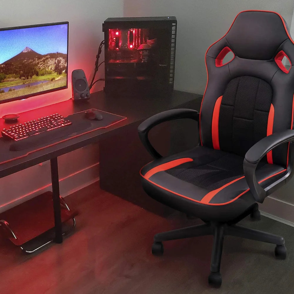 Silla de Gaming con respaldo alto, silla de oficina de cuero PU, altura ajustable, estilo automovilístico, silla ergonómica para ordenador, cómodo asiento elevador 