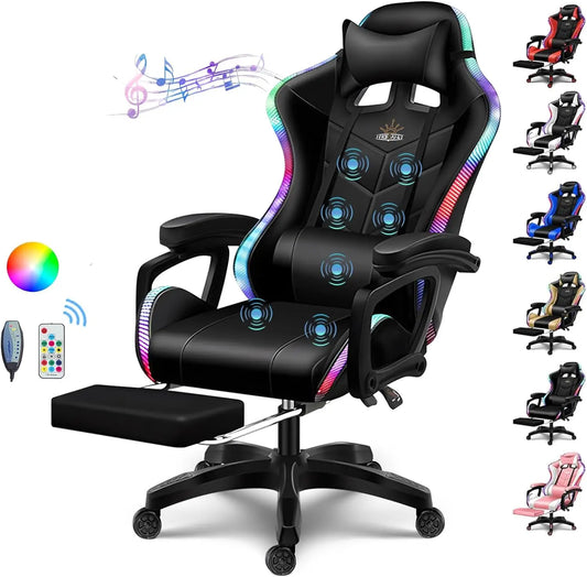 Silla Gaming con Altavoces y Luz LED RGB, Silla de Videojuegos de Masaje de 7 Puntos Ajustable con Reposacabezas y Soporte Lumbar