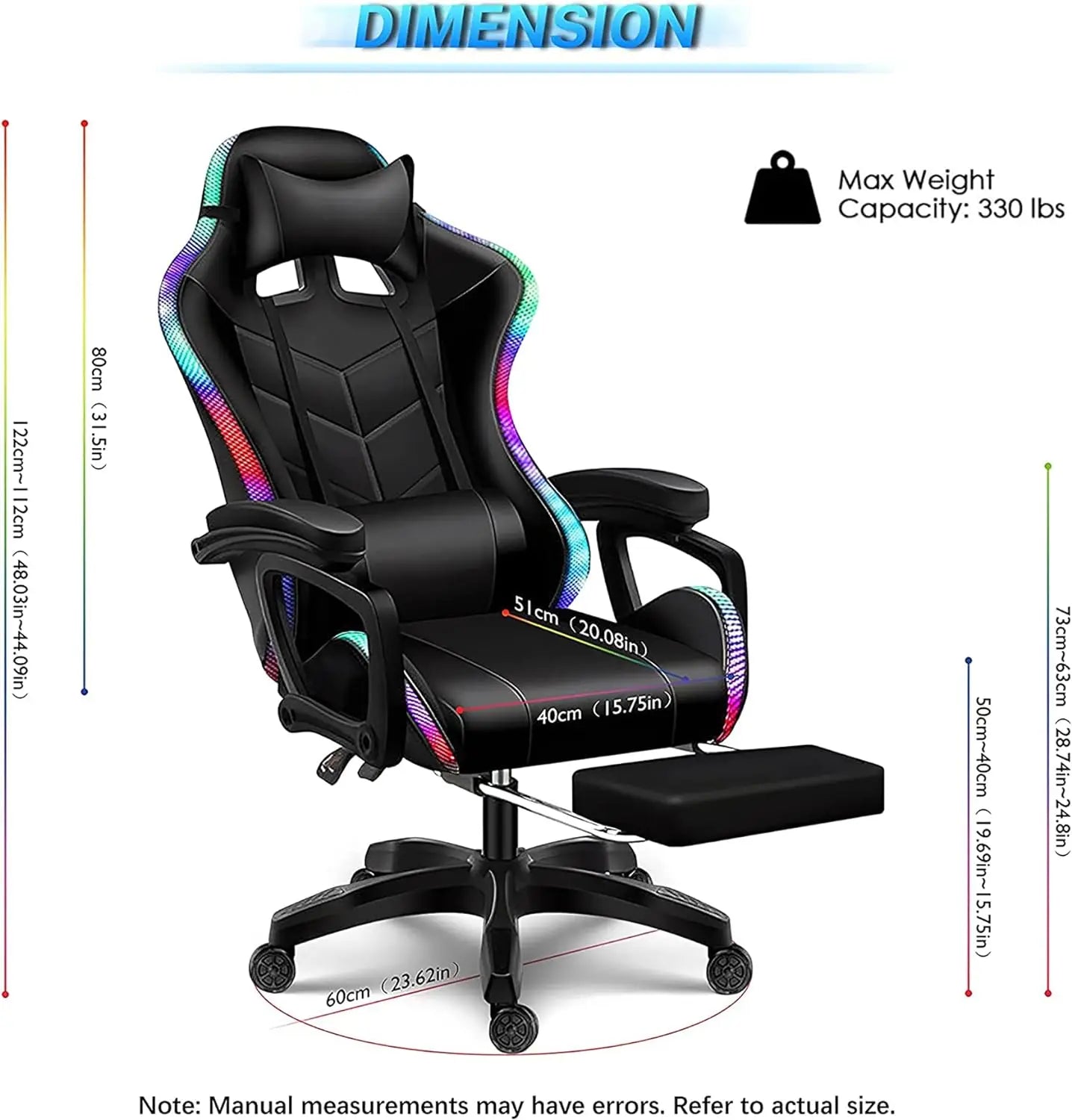 Silla Gaming con Altavoces y Luz LED RGB, Silla de Videojuegos de Masaje de 7 Puntos Ajustable con Reposacabezas y Soporte Lumbar