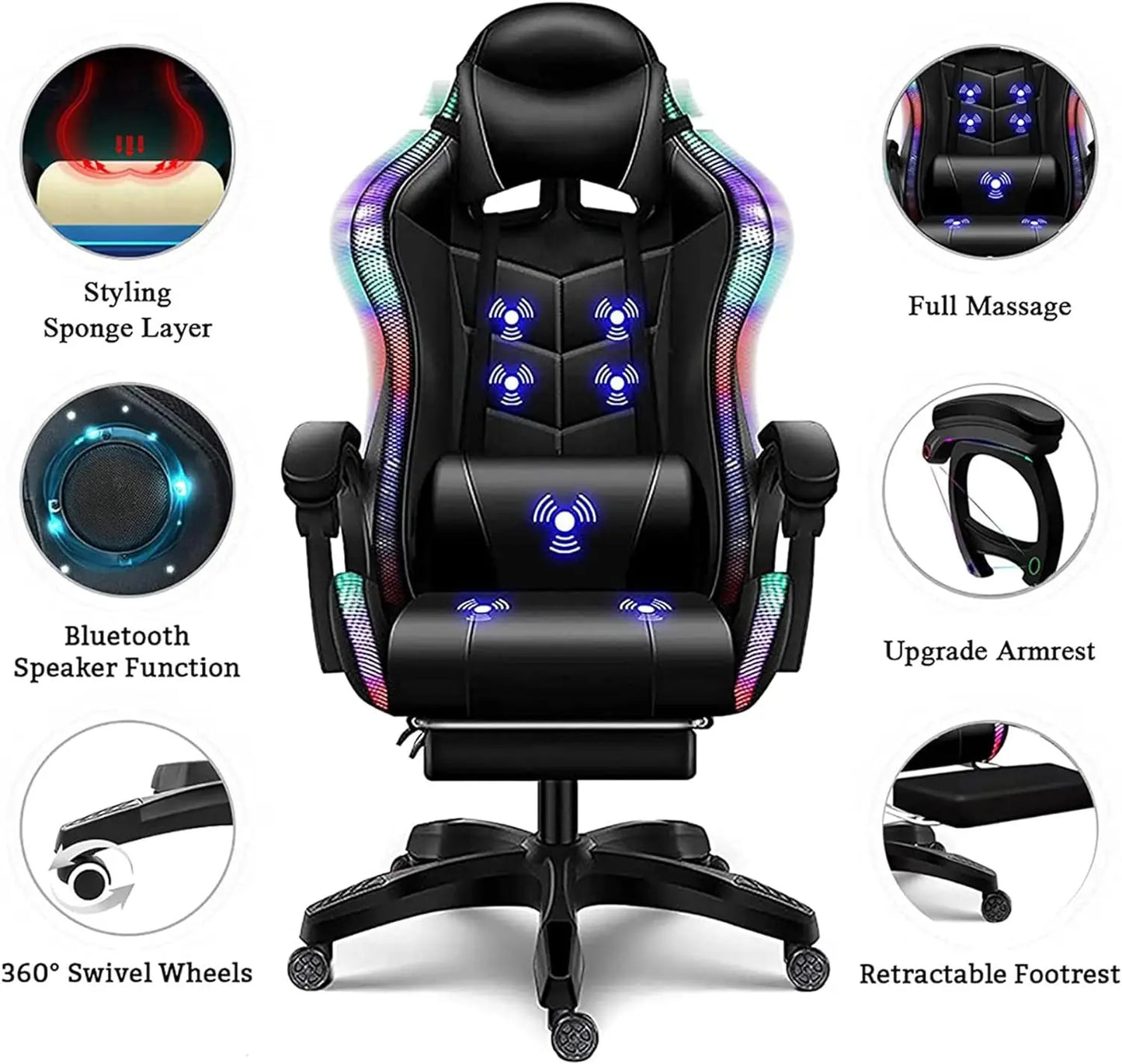 Silla Gaming con Altavoces y Luz LED RGB, Silla de Videojuegos de Masaje de 7 Puntos Ajustable con Reposacabezas y Soporte Lumbar