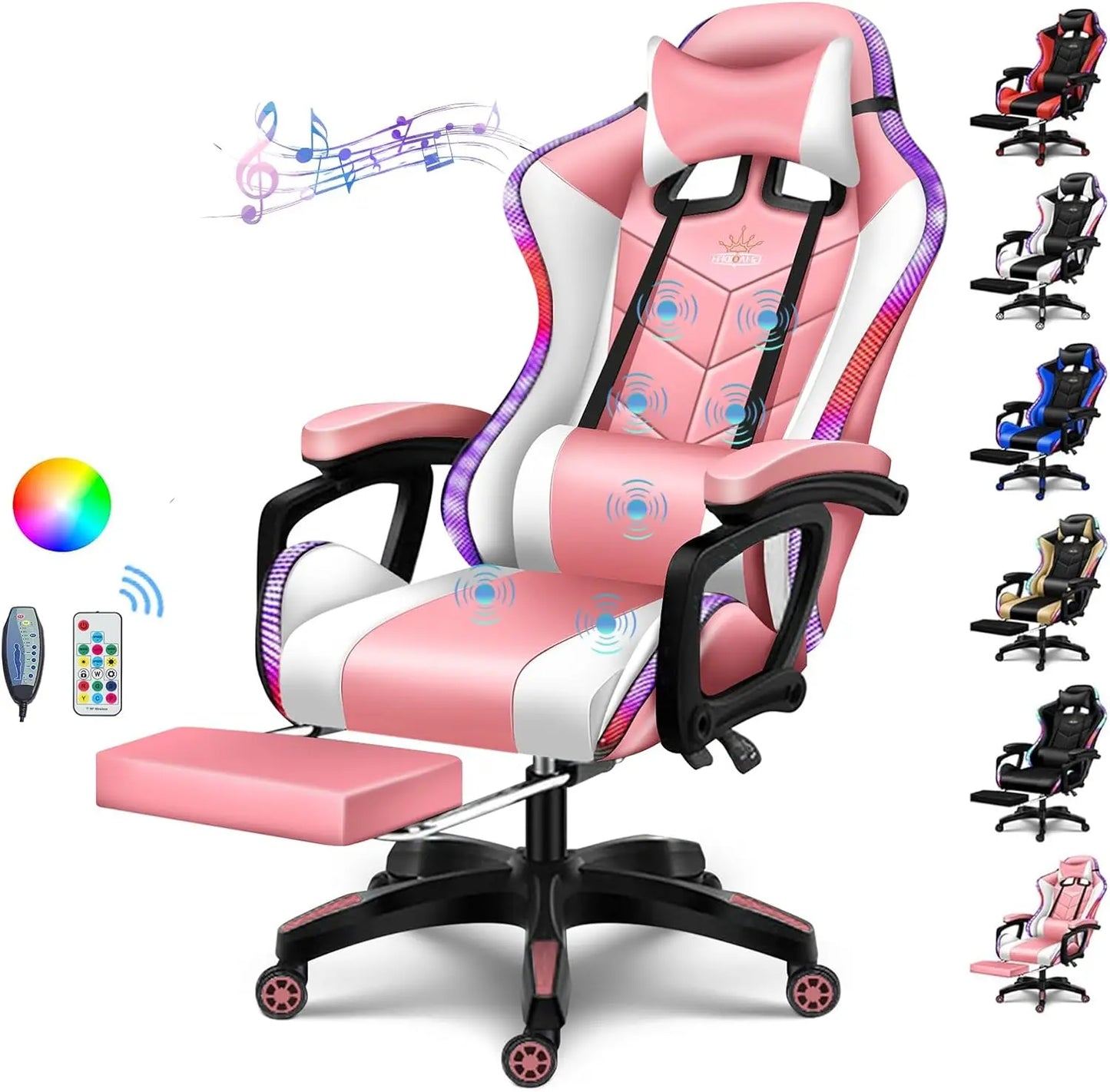 Silla Gaming con Altavoces y Luz LED RGB, Silla de Videojuegos de Masaje de 7 Puntos Ajustable con Reposacabezas y Soporte Lumbar