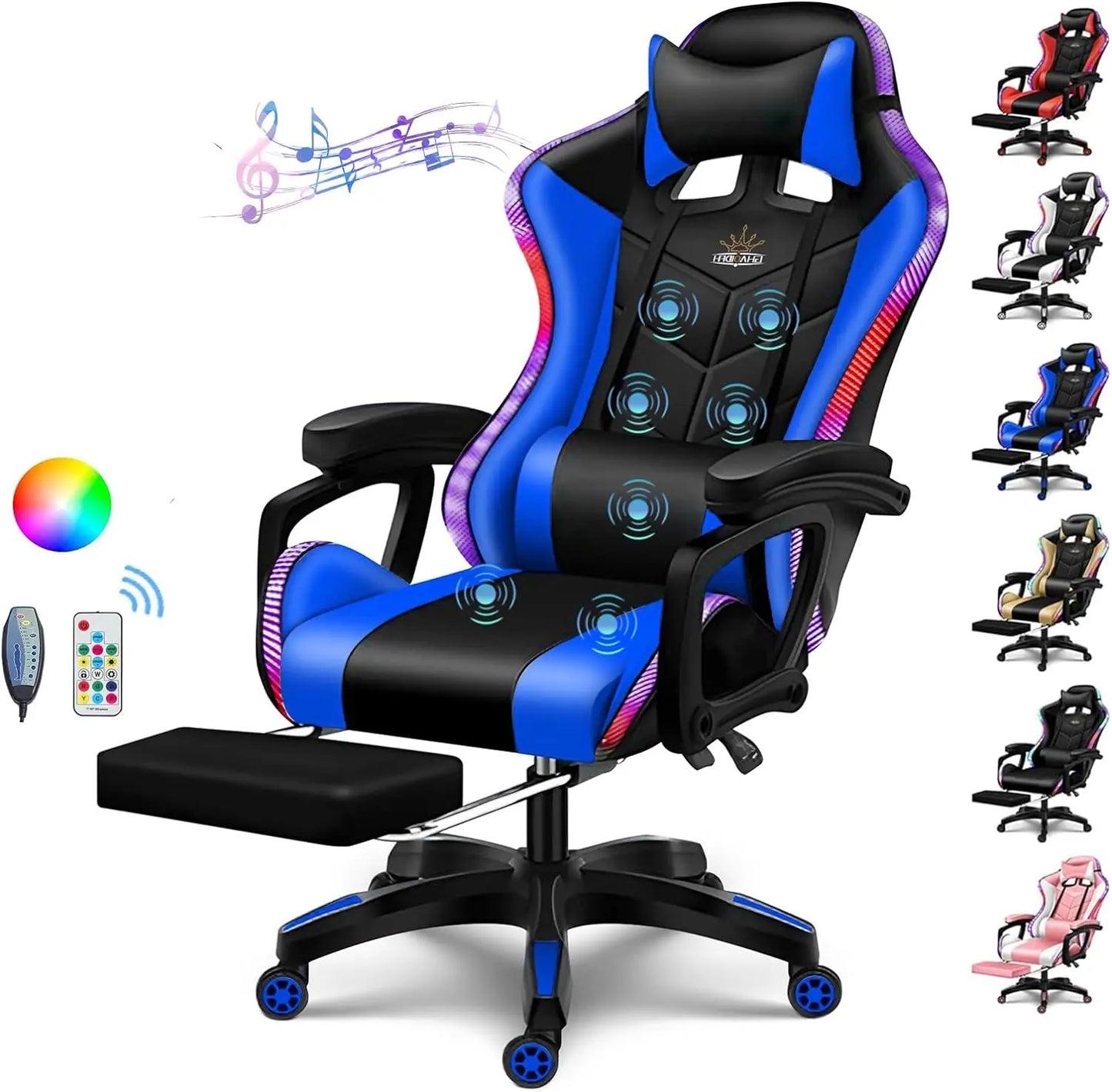 Silla Gaming con Altavoces y Luz LED RGB, Silla de Videojuegos de Masaje de 7 Puntos Ajustable con Reposacabezas y Soporte Lumbar