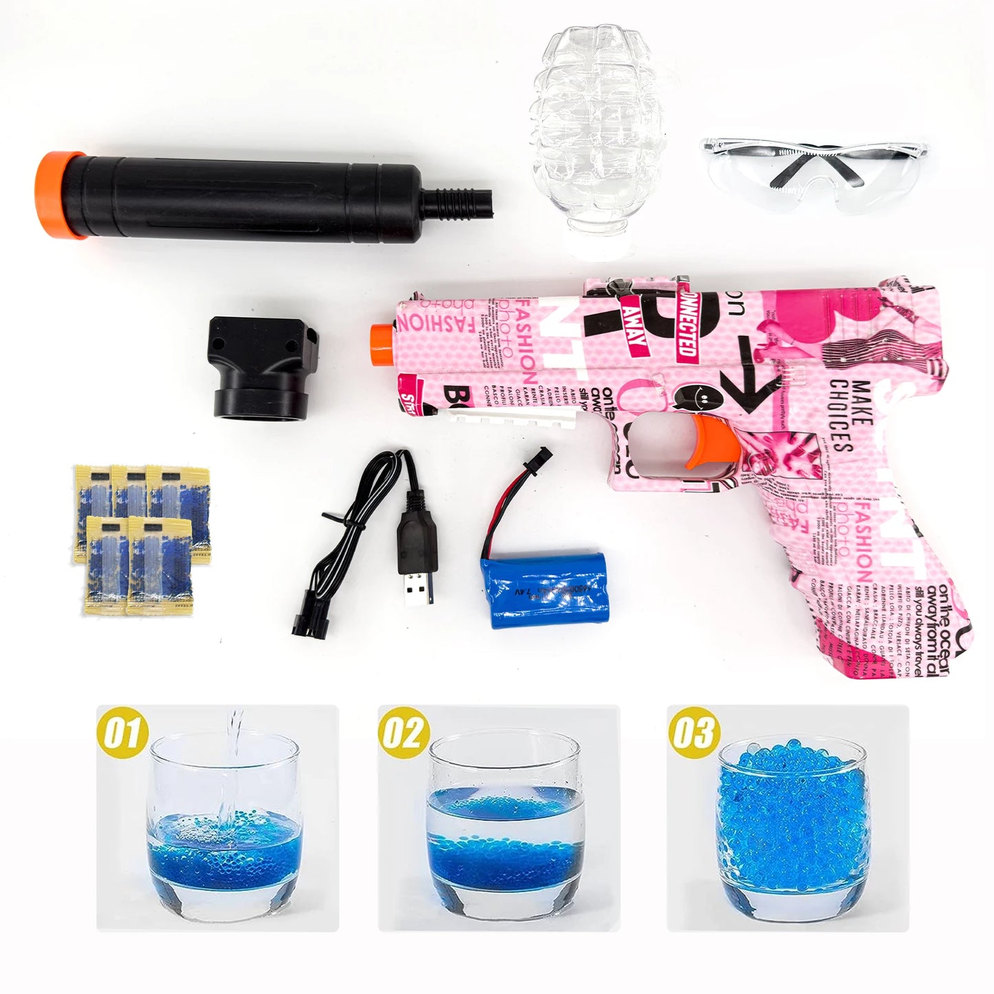 Glock Splatter Ball Blaster acción sin parar, cuentas de agua gratis, con batería recargable, pistola Orby automática para actividades en equipo al aire libre