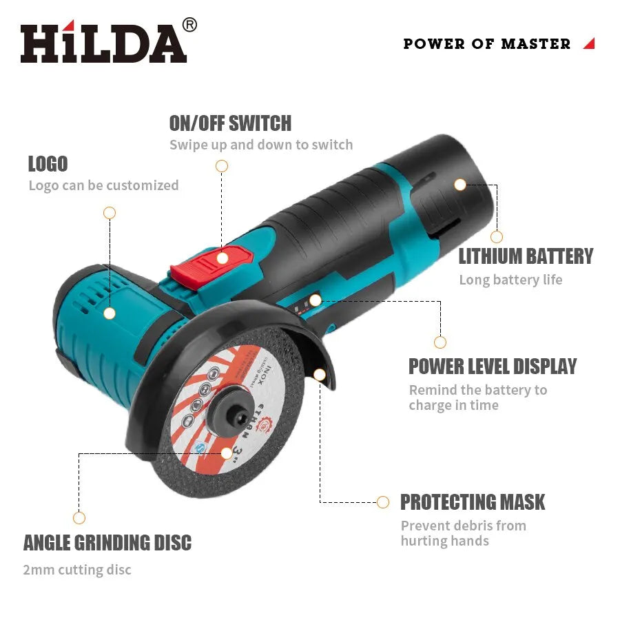 HILDA-Mini amoladora angular de 12v, herramienta de pulido recargable, pulidora para cortar diamantes, herramientas eléctricas inalámbricas 