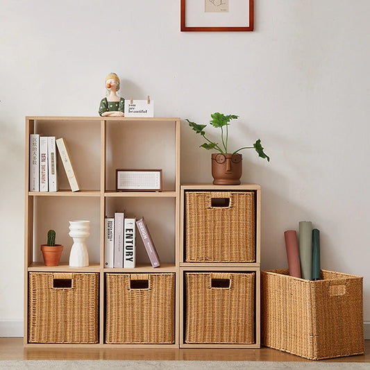 Household Rattan Woven Storage Basket Sundries Organizer Box Large Capacity Storage Cabinet Wardrobe Toy Organization Case