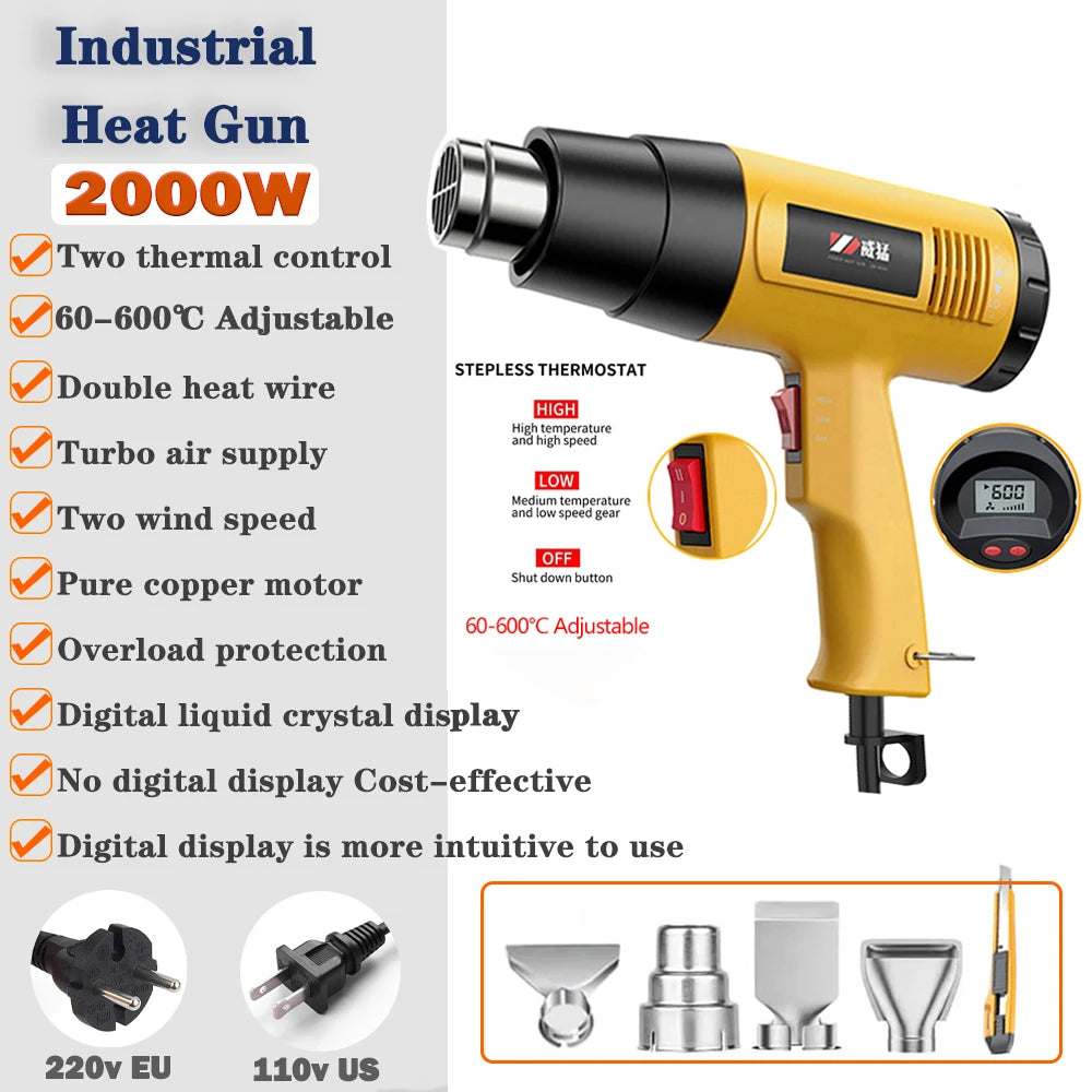 Pistola de aire caliente eléctrica Industrial, termorregulador, pistolas de calor, envoltura retráctil, herramienta eléctrica térmica, secador de pelo de construcción, 110V/220V 