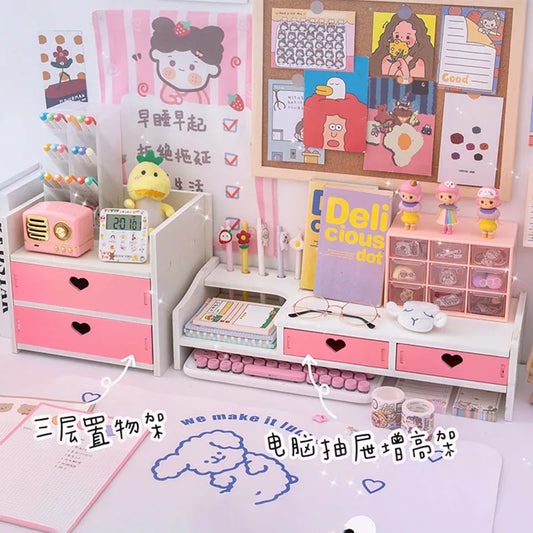 Ins Cute Desktop Computer Monitor Increase Rack Office Girl Heart Organizer Bedroom Table Shelf Stationery Storage Supplies