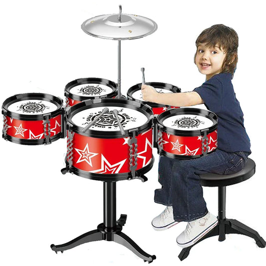 Juego de batería de Jazz para niños, 3 tambores/5 tambores con taburete pequeño, juego de baquetas, instrumento musical, juguetes educativos para principiantes, regalos