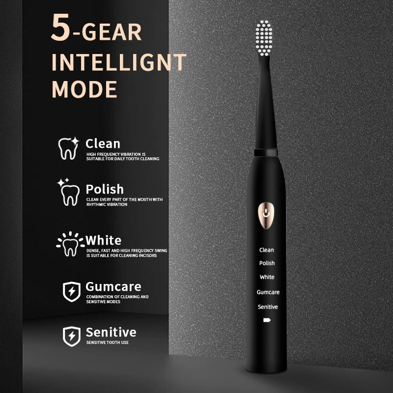 Jianpai Adulto Negro Blanco Clásico Acústico Cepillo de dientes eléctrico Adulto Modo de 5 engranajes Carga USB IPX7 Impermeable Acústico Eléctrico 