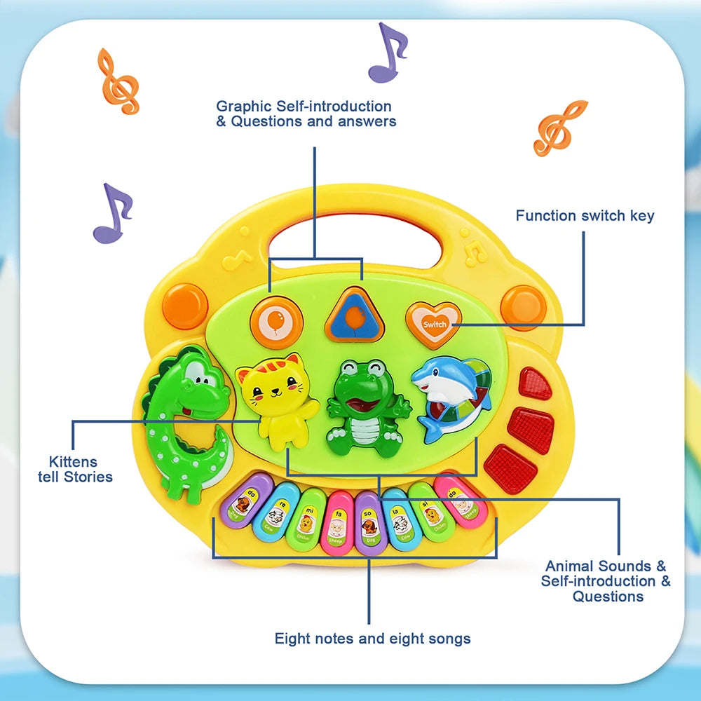 Juego de teclado de Piano de dibujos animados para niños con sonidos de animales luz intermitente música instrumento para bebé juguetes musicales juguetes educativos regalos para niños 