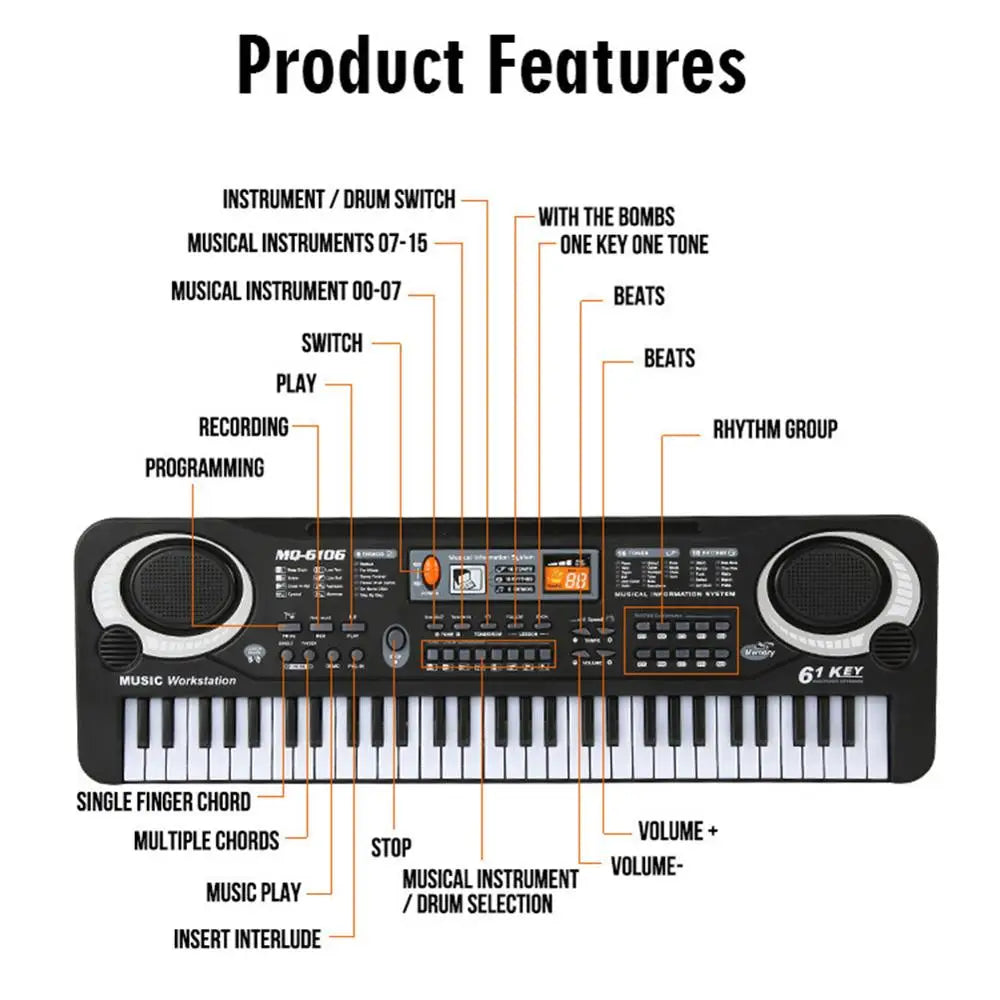 Teclado de Piano Electrónico para niños, órgano portátil de 61 teclas con micrófono, juguetes educativos, instrumento Musical, regalo para niños principiantes 