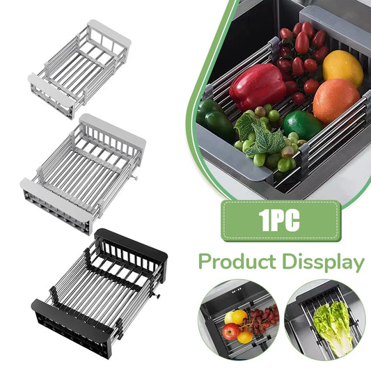 Escurridor de platos de cocina, escurridor ajustable de acero inoxidable, organizador de cocina para frutas y verduras, cesta de limpieza para fregadero, herramienta 