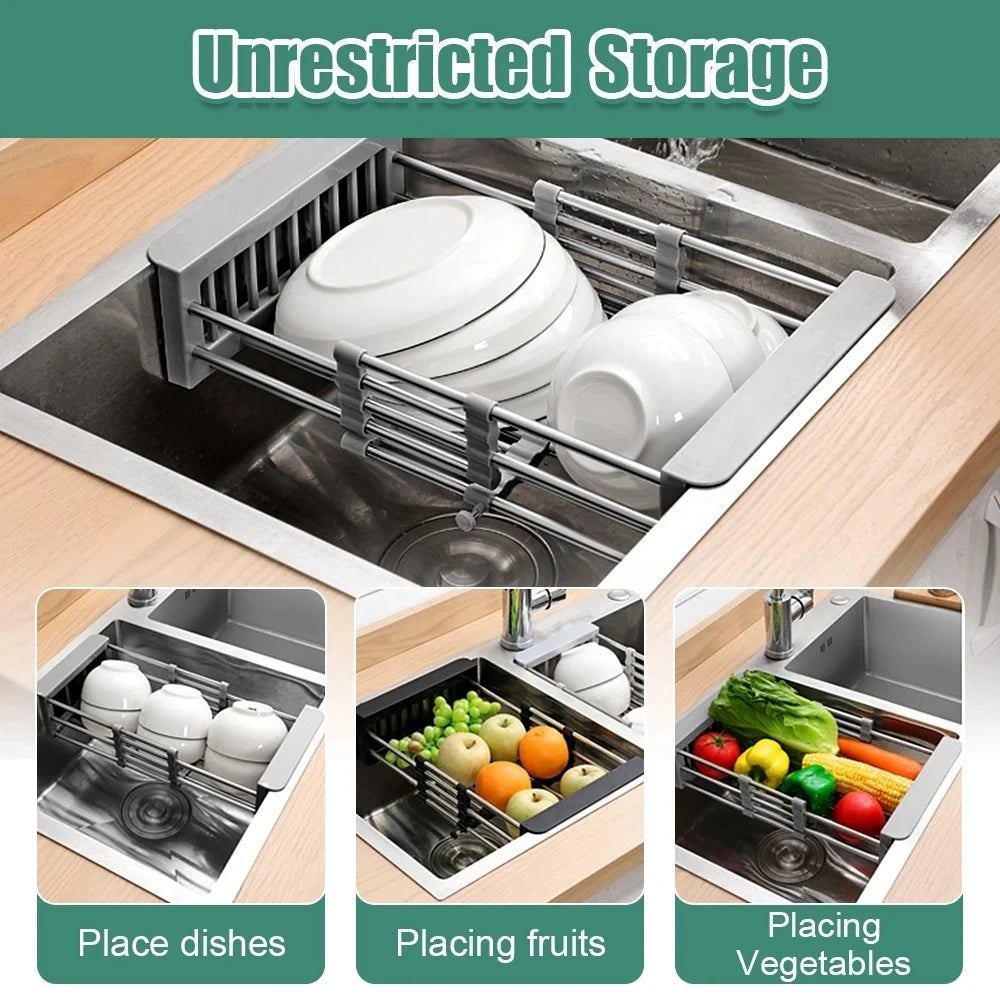 Escurridor de platos de cocina, escurridor ajustable de acero inoxidable, organizador de cocina para frutas y verduras, cesta de limpieza para fregadero, herramienta 