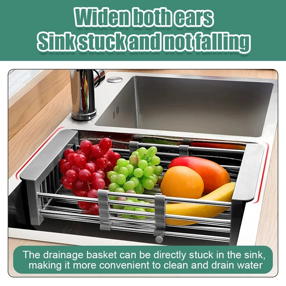 Escurridor de platos de cocina, escurridor ajustable de acero inoxidable, organizador de cocina para frutas y verduras, cesta de limpieza para fregadero, herramienta 