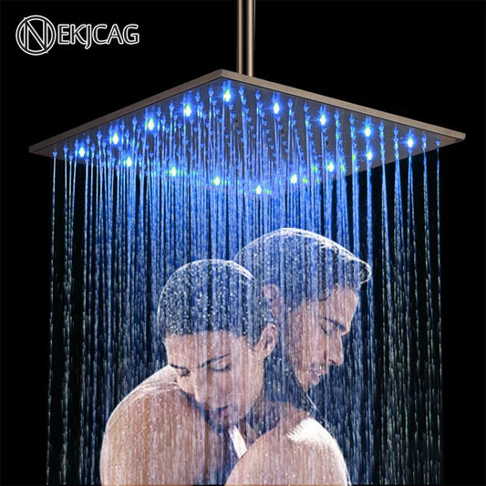 Luz LED de 16 pulgadas, ducha de lluvia, baño, rociador superior cuadrado, grifo de ducha, reemplazo de superficie pulida, tres colores variables 