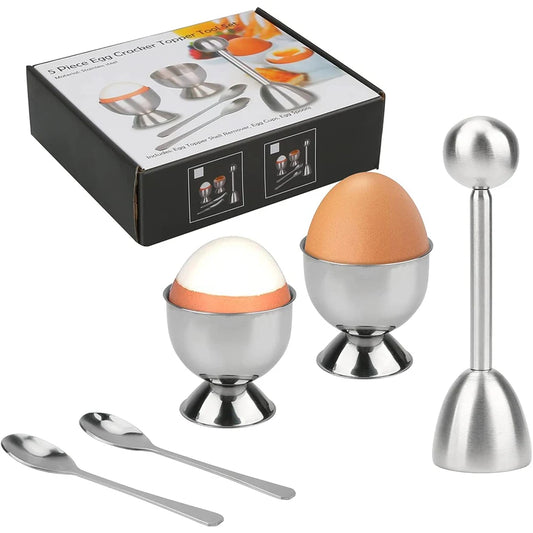 LMETJMA Egg Cracker Topper Set Stainless Steel Soft Hard Boiled Eggs Separator Holder with Spoons Kitchen Egg Tools KC1013