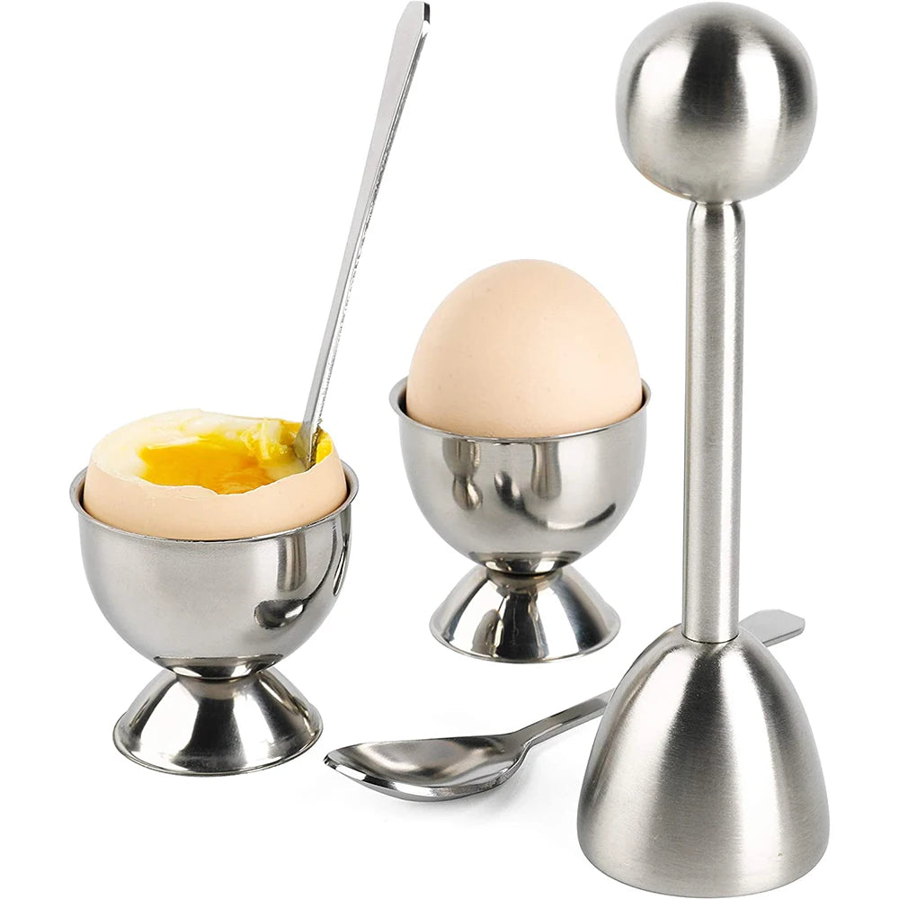 Juego de adornos para galletas de huevos LMETJMA, soporte separador de huevos duros suaves de acero inoxidable con cucharas, herramientas para huevos de cocina KC1013 