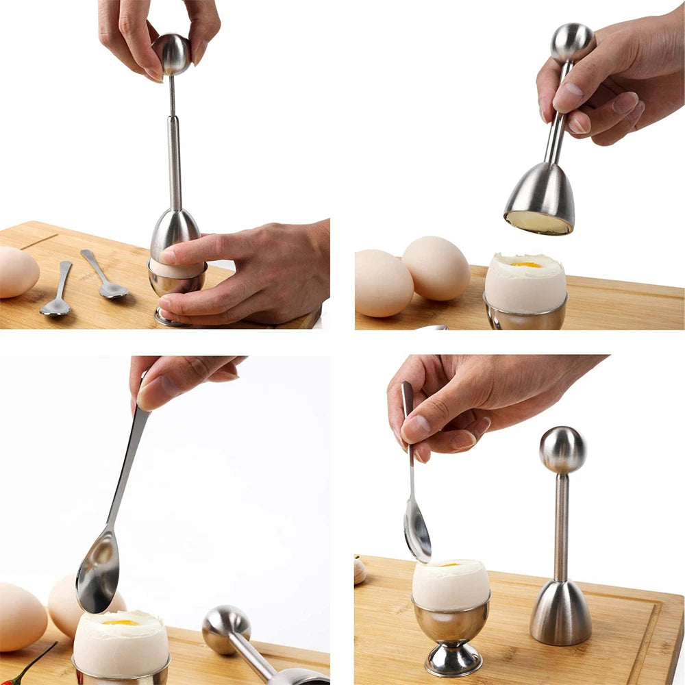 Juego de adornos para galletas de huevos LMETJMA, soporte separador de huevos duros suaves de acero inoxidable con cucharas, herramientas para huevos de cocina KC1013 