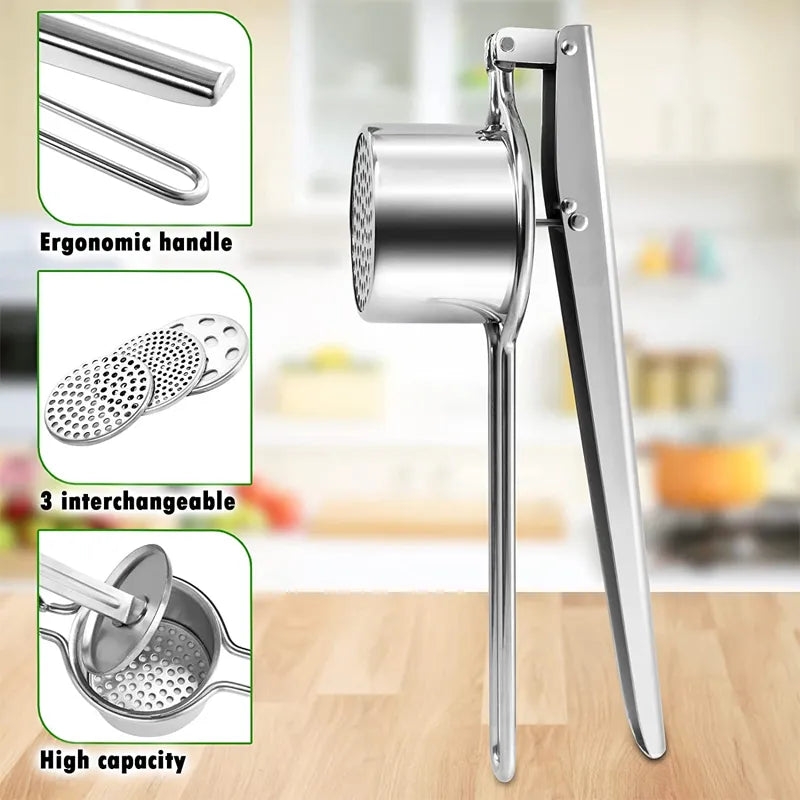 LMETJMA triturador de patatas Manual de acero inoxidable con 3 discos intercambiables exprimidor de frutas exprimidor de limón KC0442 