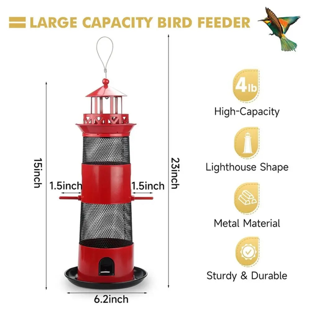 Large Capacity Bird Feeder Multiple Holes Squirrel-Proof Suspended Feeder Garden Decoration Lighthouse Shape Bird Feeding Tool