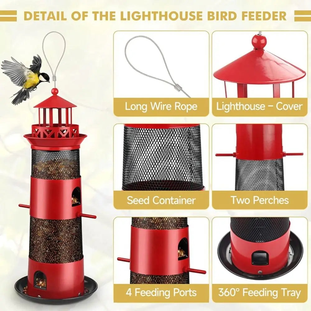 Large Capacity Bird Feeder Multiple Holes Squirrel-Proof Suspended Feeder Garden Decoration Lighthouse Shape Bird Feeding Tool