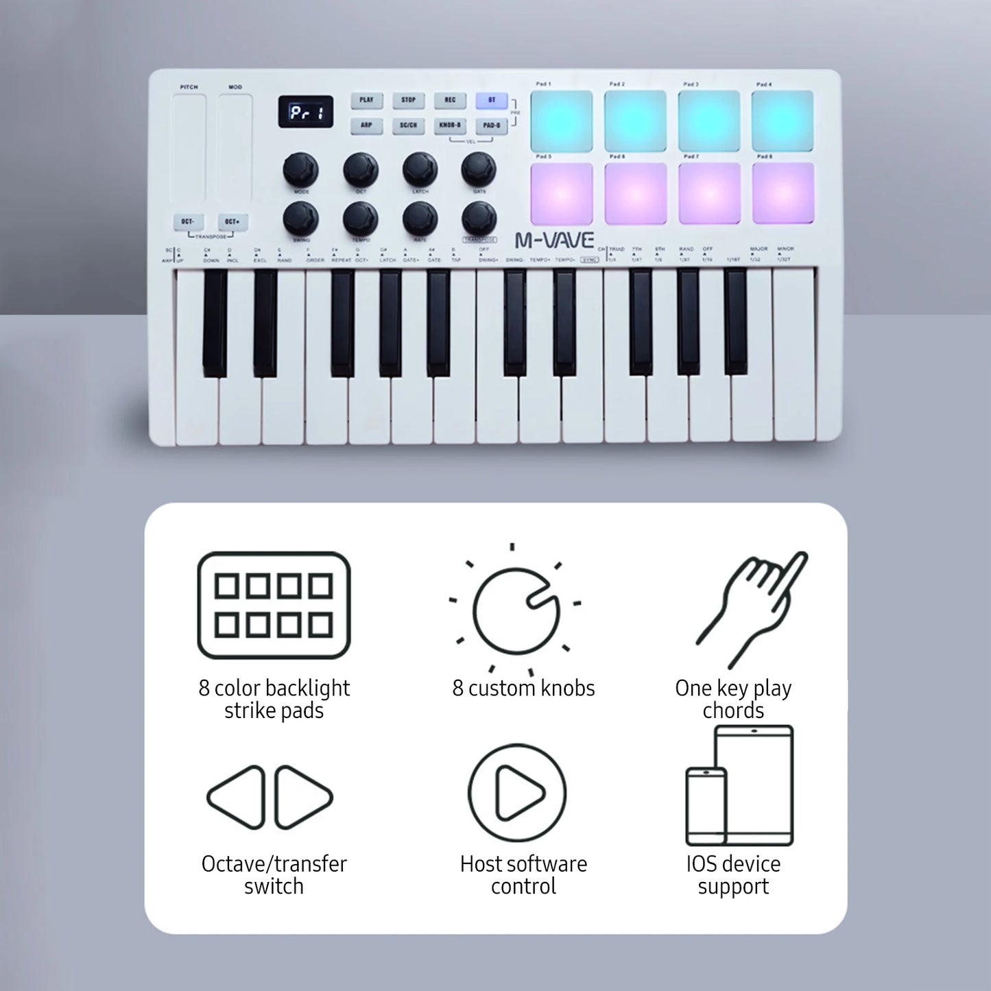 M-VAVE MIDI teclado controlador de 25 teclas Piano teclado USB portátil y 8 almohadillas retroiluminadas RGB 8 perillas instrumentos de teclado musical 