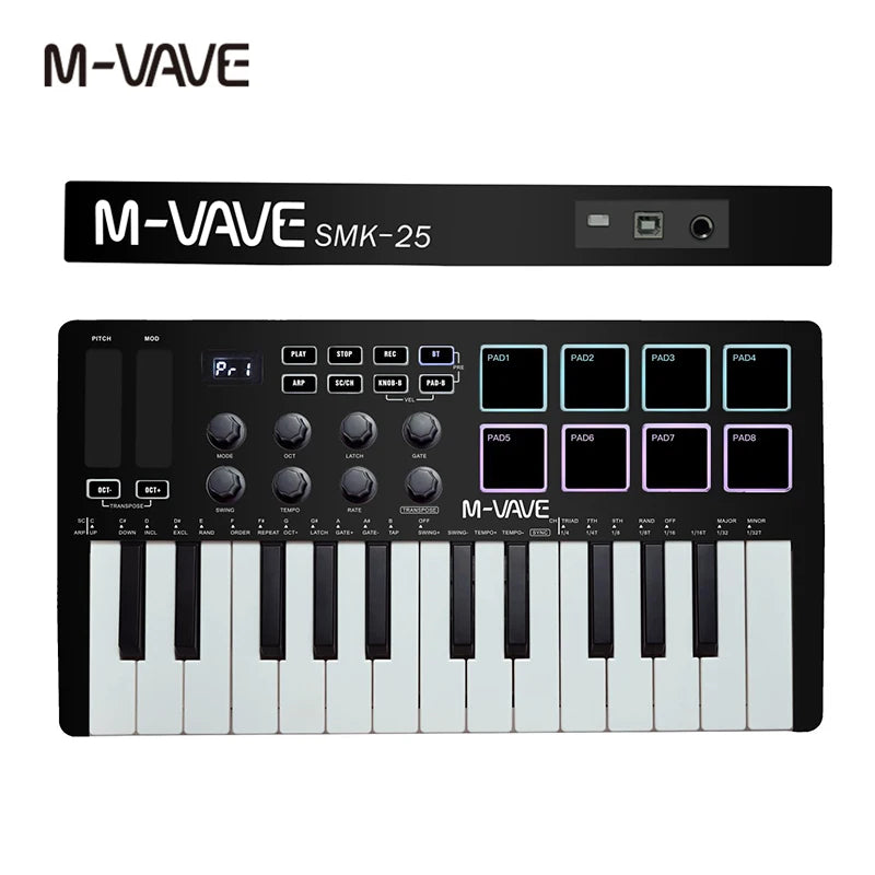 M-VAVE MIDI teclado controlador de 25 teclas Piano teclado USB portátil y 8 almohadillas retroiluminadas RGB 8 perillas instrumentos de teclado musical 