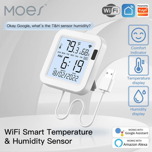 MOES WiFi Temperature & Humidity Sensor LCD Screen Infrared Sensing Backlight Smart Tuya APP Remote Control Alexa Google Voice