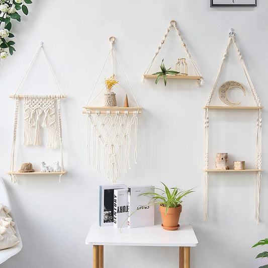 Estante colgante de pared de macramé, estante de pared flotante, estantes de decoración del hogar bohemio, decoración de pared de madera para dormitorio, sala de estar, guardería, regalo 