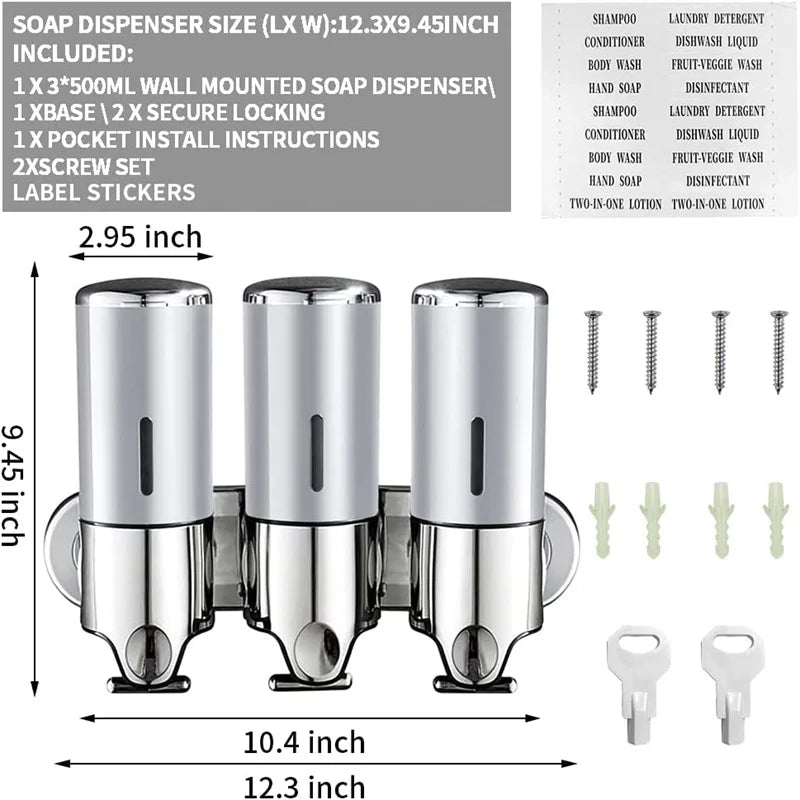 手动液体皂液器双/三重 500 毫升壁挂式洗发水容器皂液器和凝胶分配器浴室配件