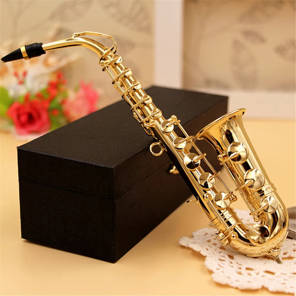 Mini saxofón modelo instrumento musical broche de cobre exhibición de decoración de escritorio en miniatura con caja + soporte 