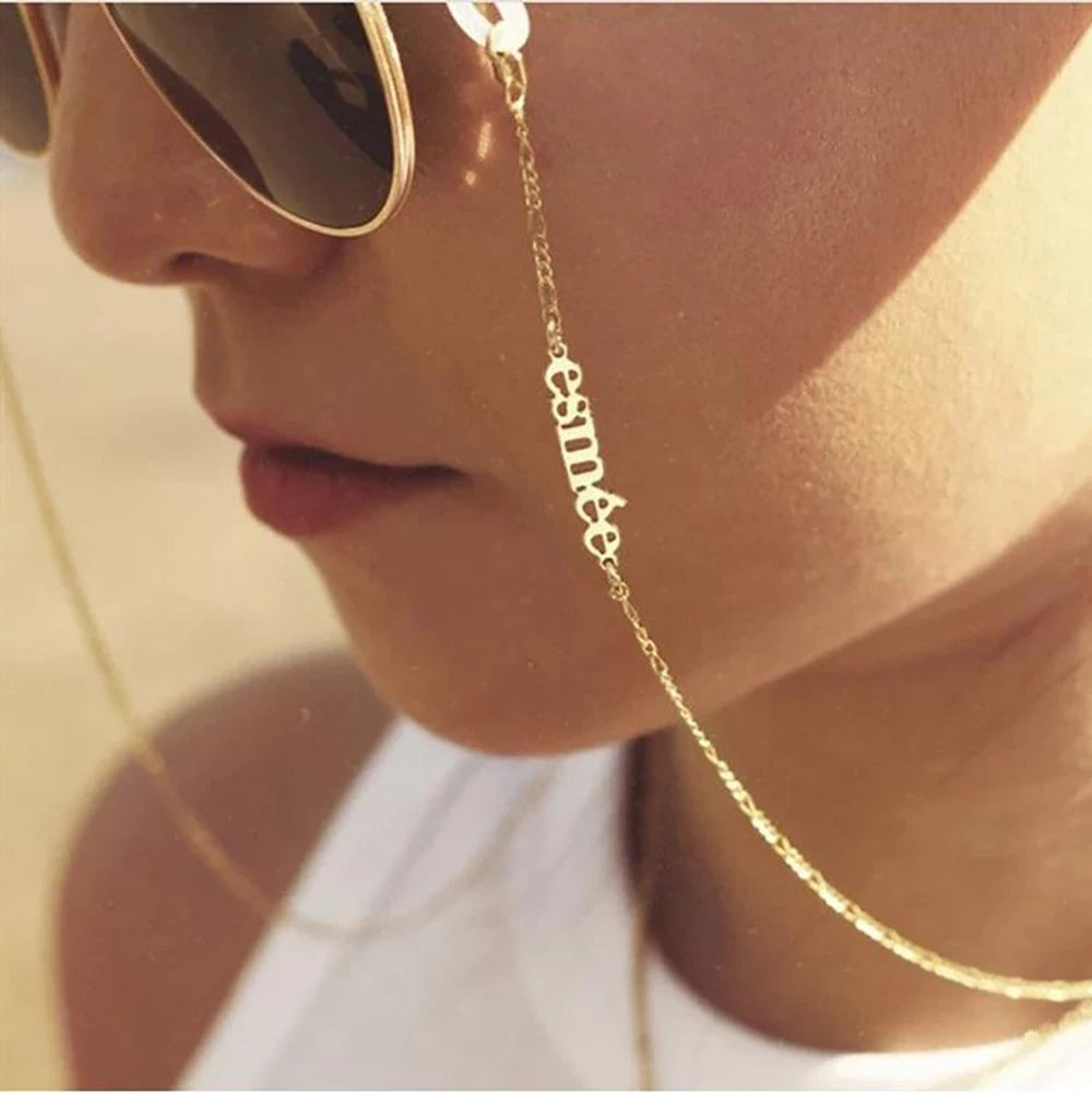 Mini-World 2022 nuevas gafas de sol cadenas adhesivas para mujeres joyería personalizada de acero inoxidable nombre personalizado gafas cadena cordón 